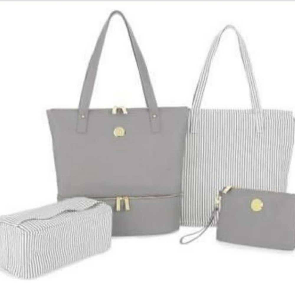 New Joy Mangano 4 piece Gray Leather Travel Tote